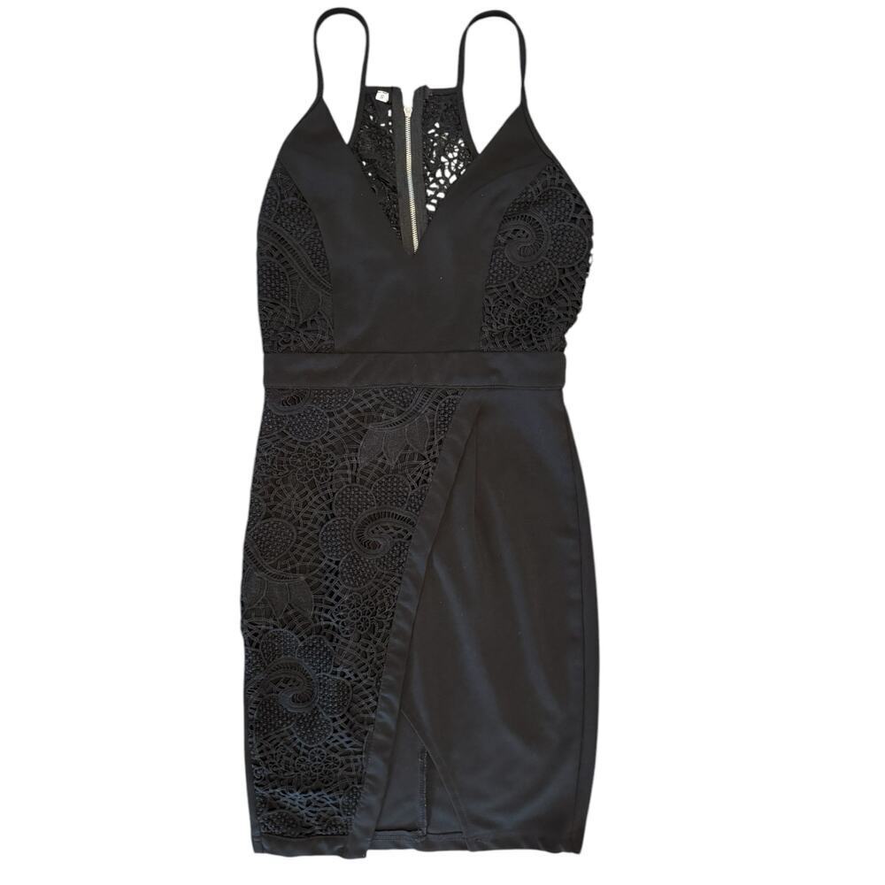 Women’s Black Midi Formal Cocktail Dress Small 0/2 Front Slit Lace Overlay